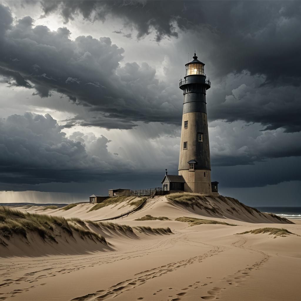 Lighthouse on Shifting Dune in Storm, Graphic Novel Style