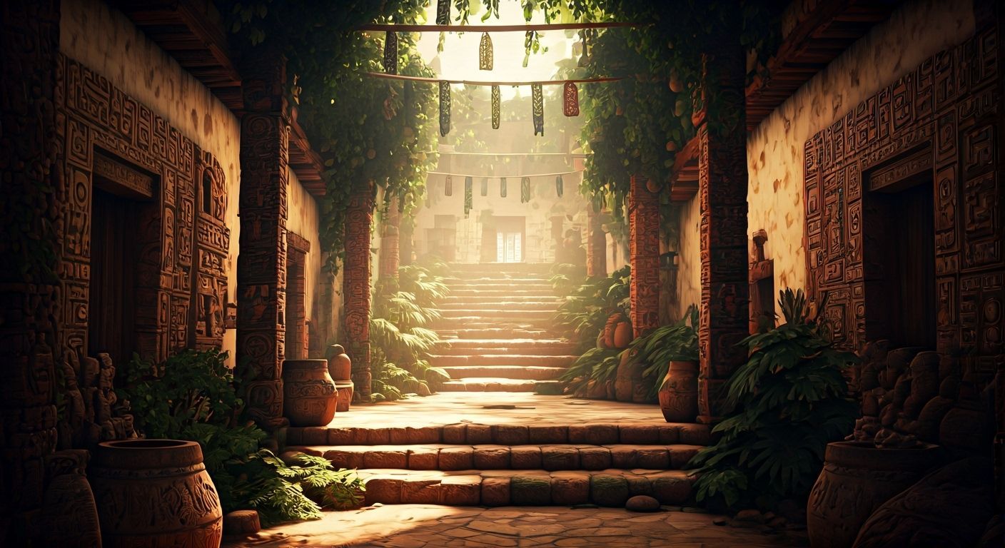 Mexican Village Concept Art in Aztec Style