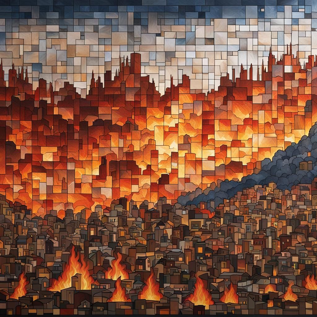 Mosaic of City Burning in Flames
