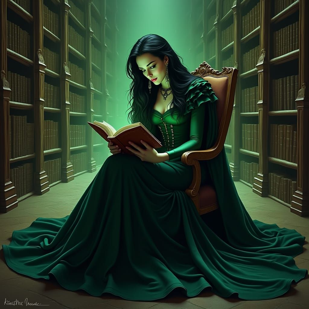 Elphaba in Ornate Library, Gothic Illustration