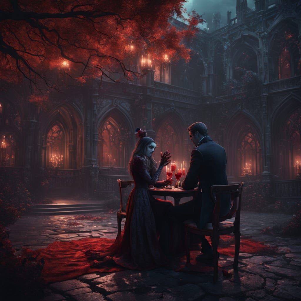 Vampire Couple's Romantic Date: Fantasy Art
