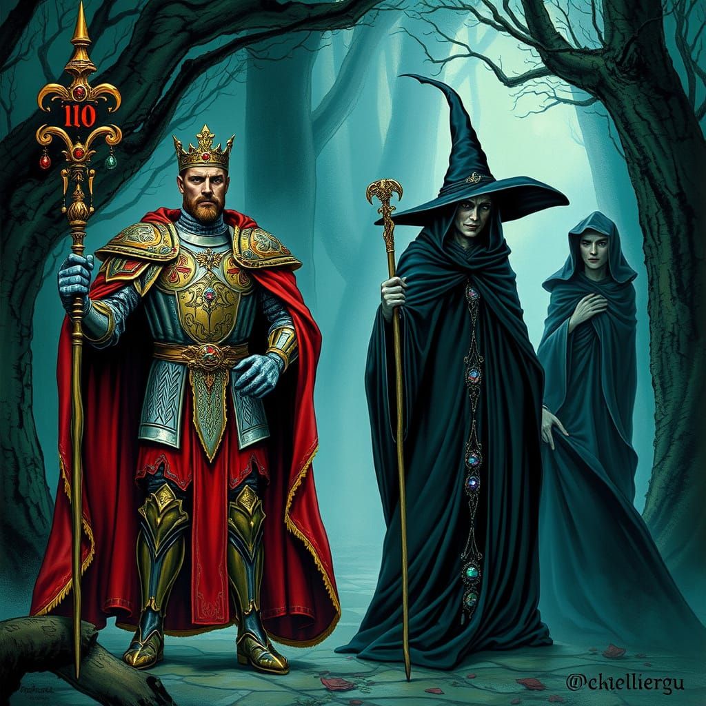 King Arthur with Merlin and Enchanted Sorceress in Mystical ...