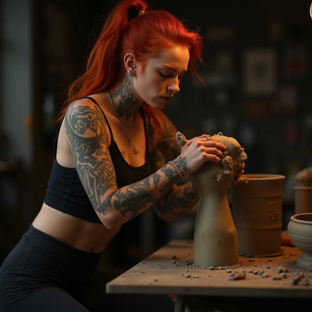Red-Haired Woman Sculpting Clay in Dimly Lit Studio