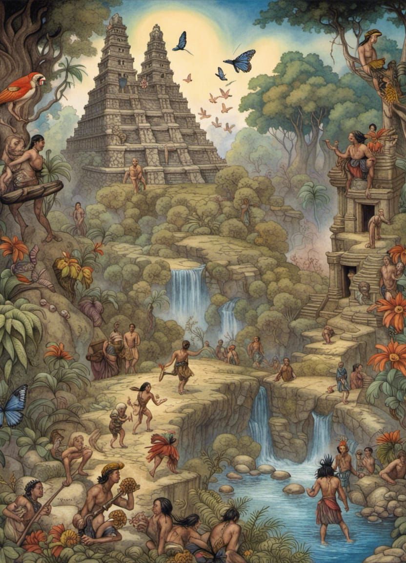 Mayan Village Under Attack, Arthur Rackham Style