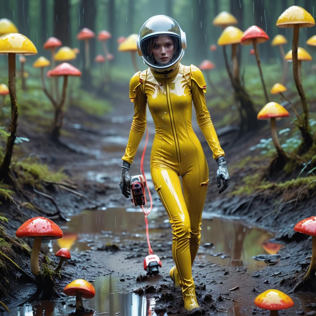 Futuristic Woman in Bioluminescent Mushroom Landscape