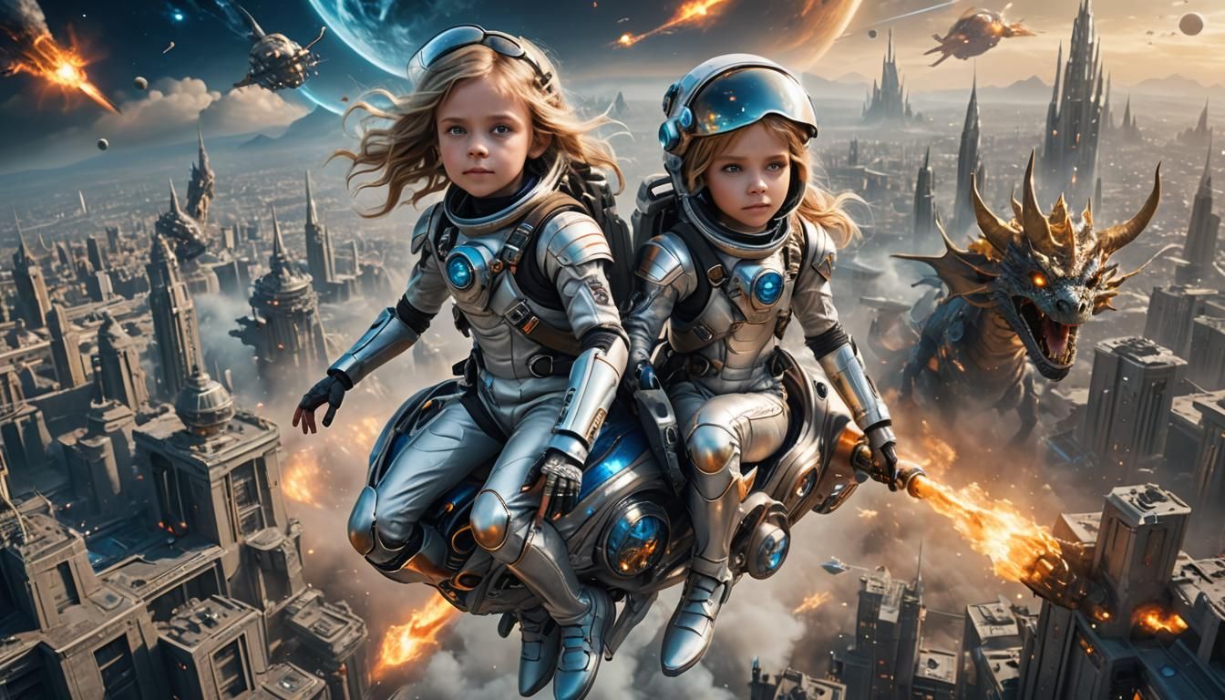 Astronaut Girls Ride Dragon Over Moon Cityscape