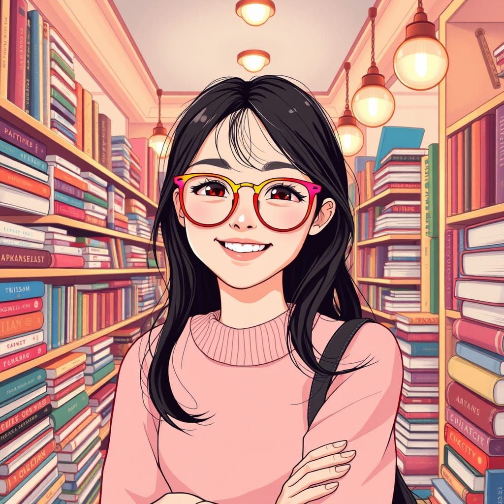 Whimsical Bookstore Scene with Bright Glasses and Kawaii Ill...