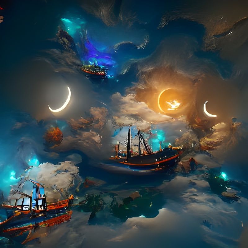 Surreal Night Sky with Floating Pirate Ship