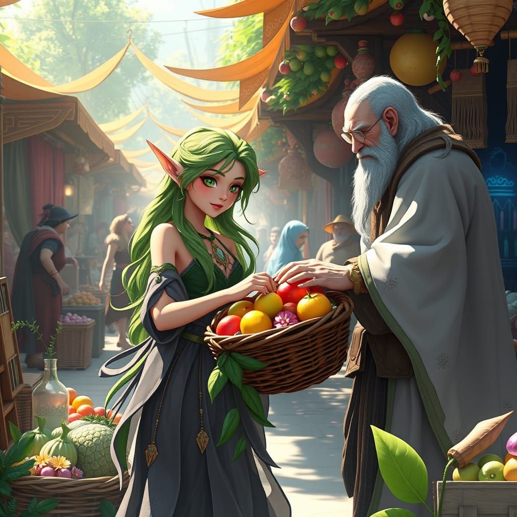 Vibrant Fantasy Market Scene in Whimsical Style