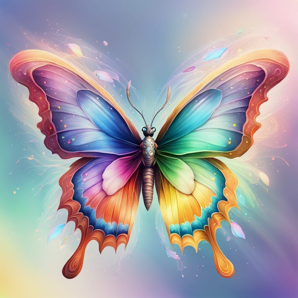Butterfly Under Rainbow in Prismacolor Style
