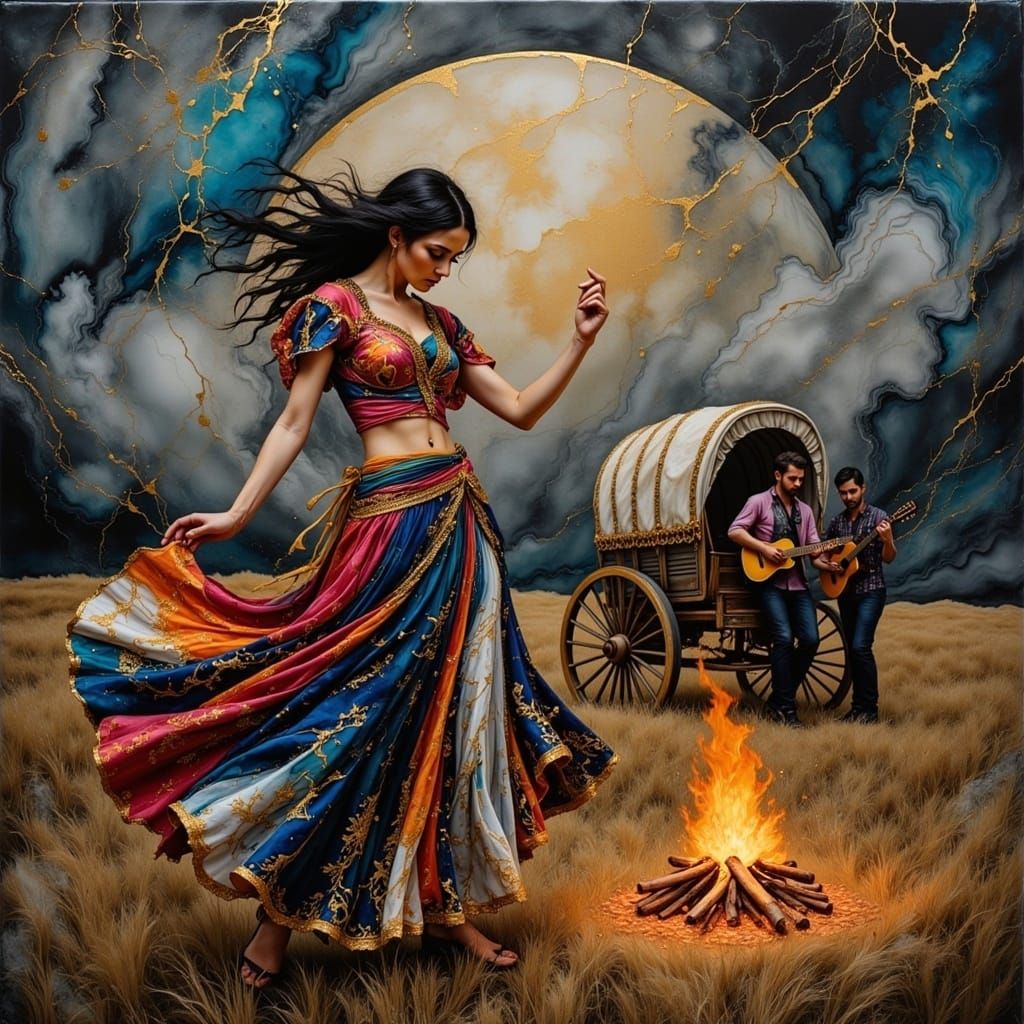 Gypsy Dancer Beside Bonfire in Dreamlike Style