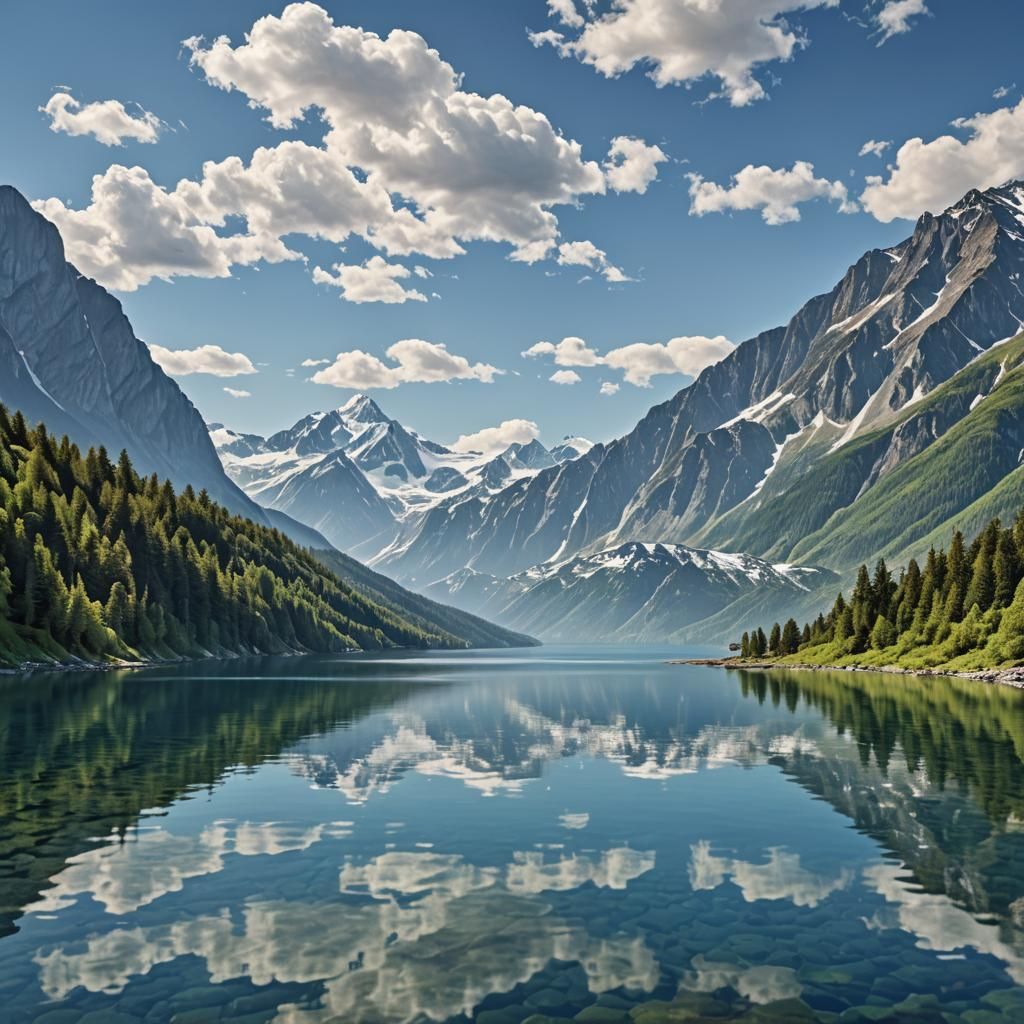 Serene Lake Reflecting Mountains: Golden Hour Landscape