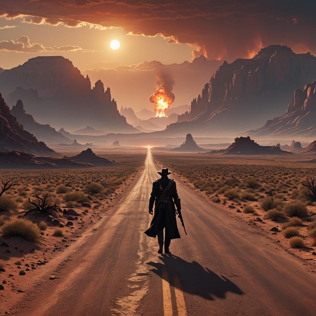 Gunslinger Silhouette in Apocalyptic Western Landscape
