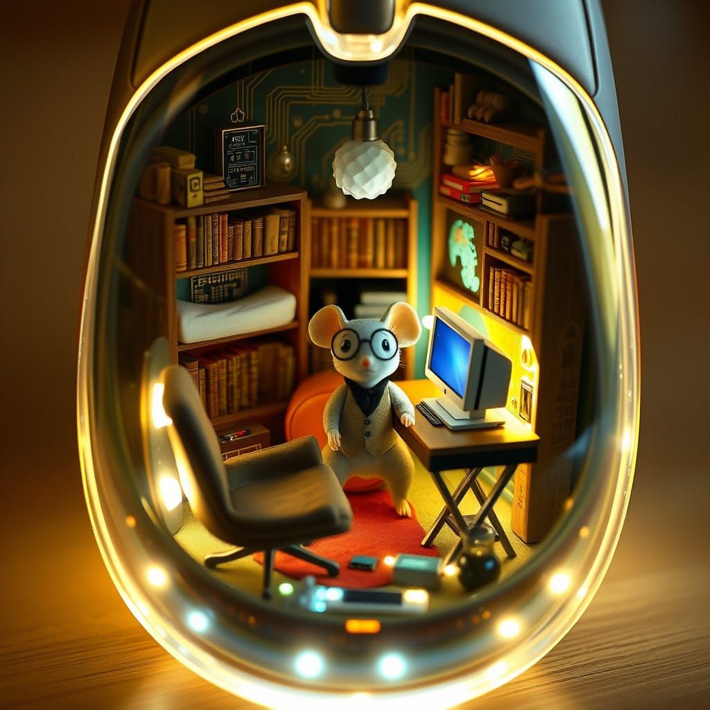Whimsical Miniature World Inside a Computer Mouse