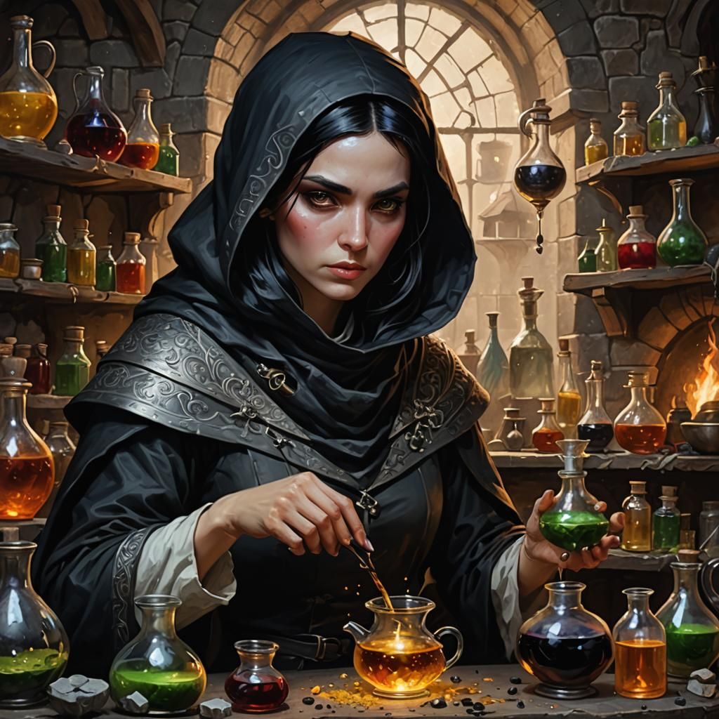 Medieval Alchemist Mixing Potions in Fantasy Painting