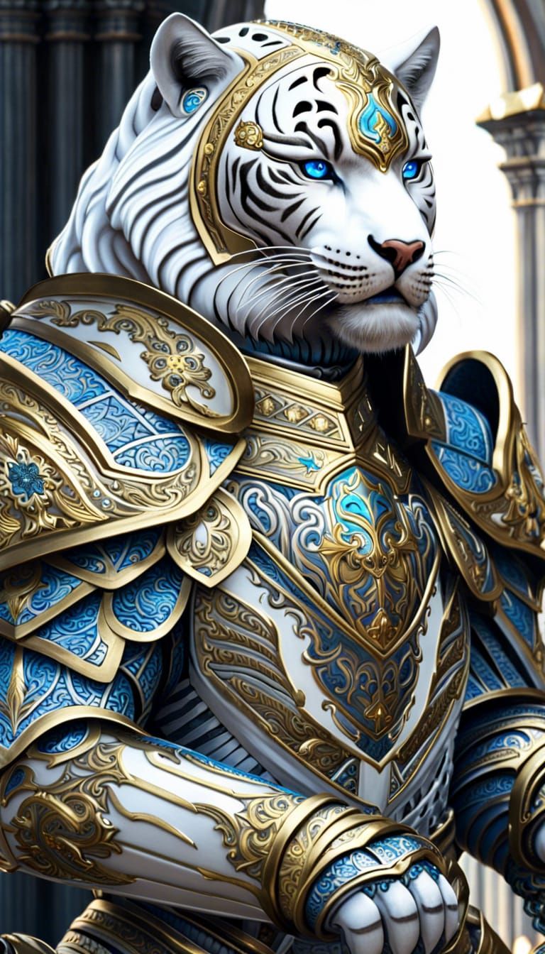 Ornate Armored White Tiger Knight in Fantasy Style