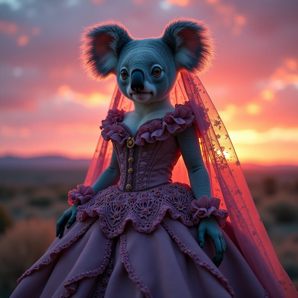 Gothic Koala Bride in Victorian Wedding Attire Against Sunse...