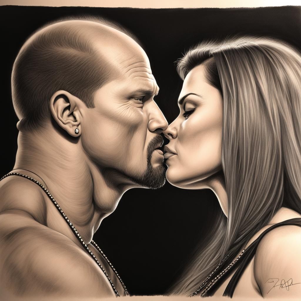 Stone Cold Steve Austin and Chyna Kiss: Charcoal Drawing