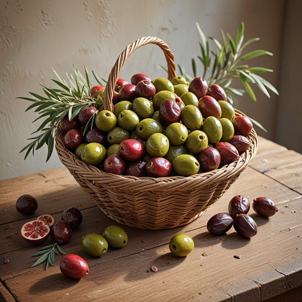 Rustic Basket Overflows with Fruits and Grains in Vibrant, H...