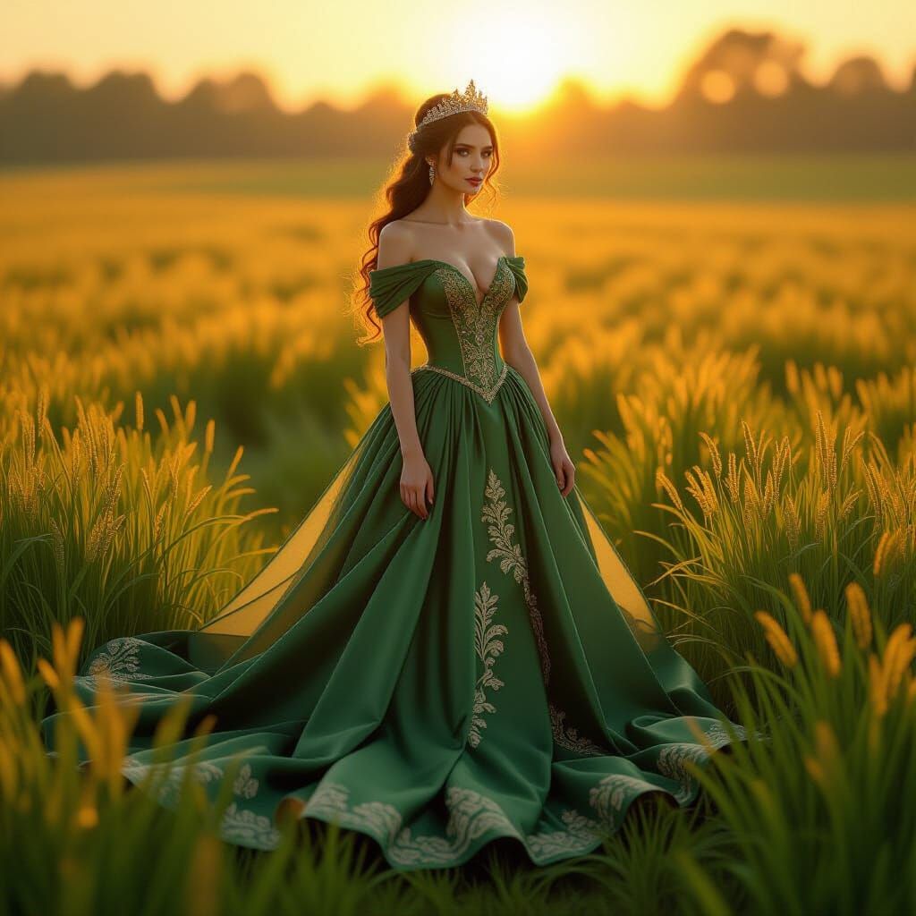 Regal Queen on Sunlit Plains in Realistic Fantasy Portrait