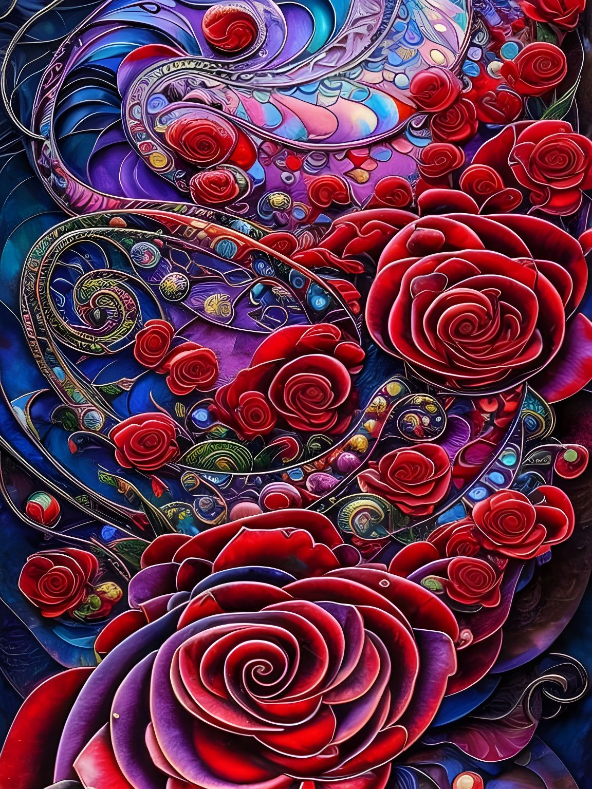Magical Flowing Roses in Crimson and Silver
