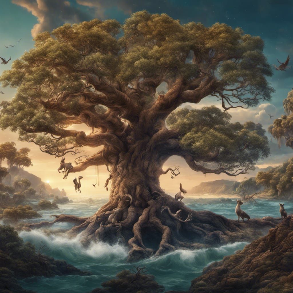 Australian Animals Gather on Tree Branch, Fantasy Art