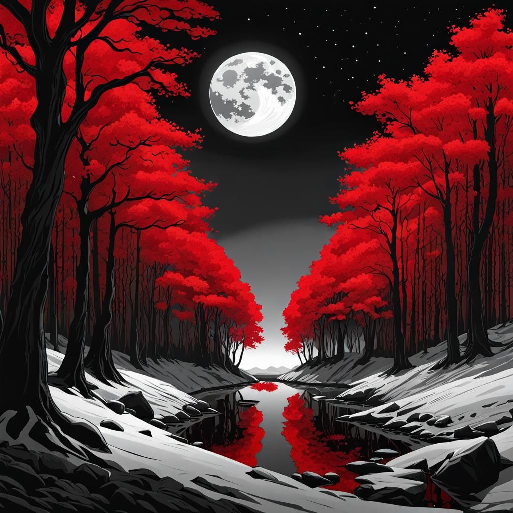 Monochrome Red Forest Adult Coloring Book