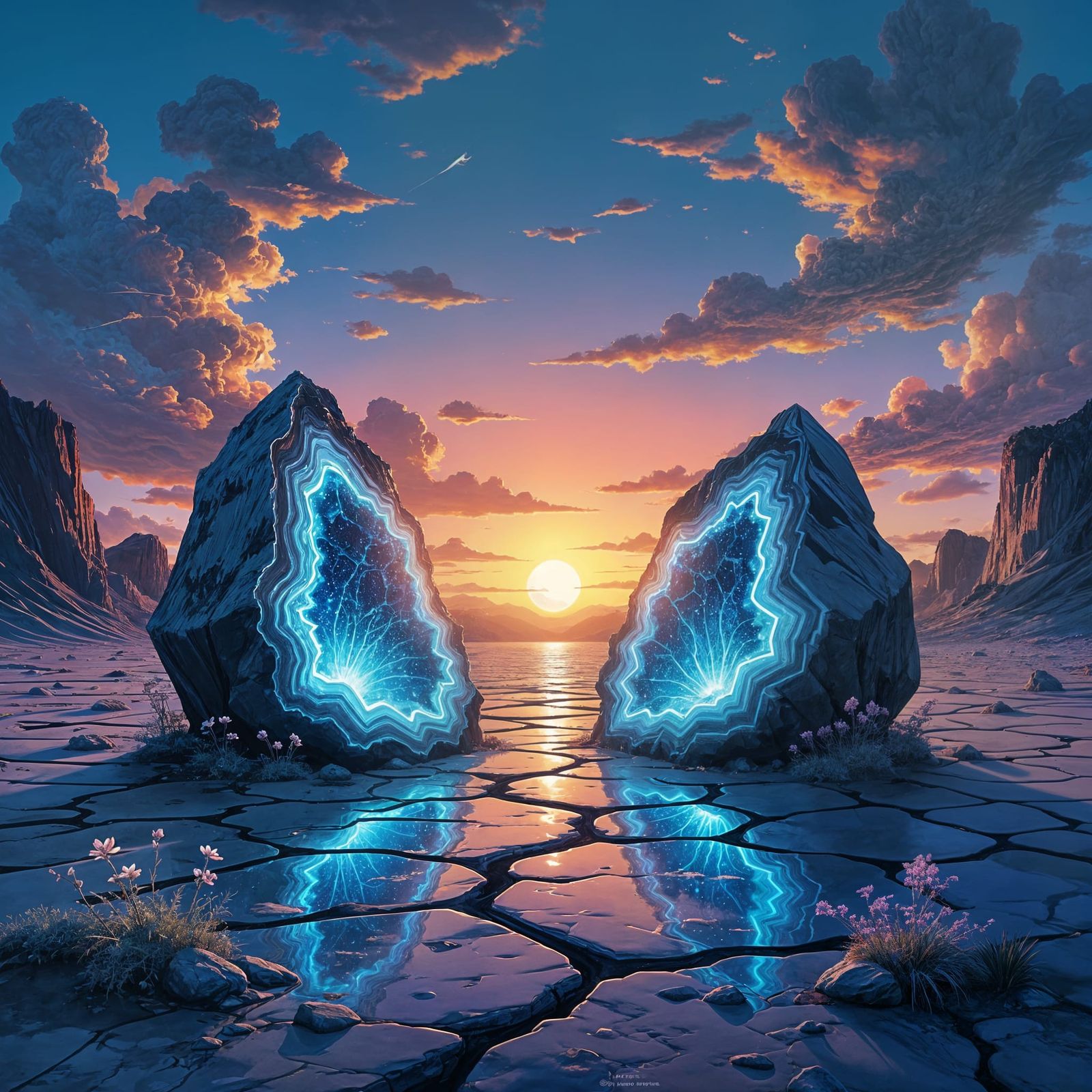 Alien Landscape with Crystalline Agates and Double Sunset