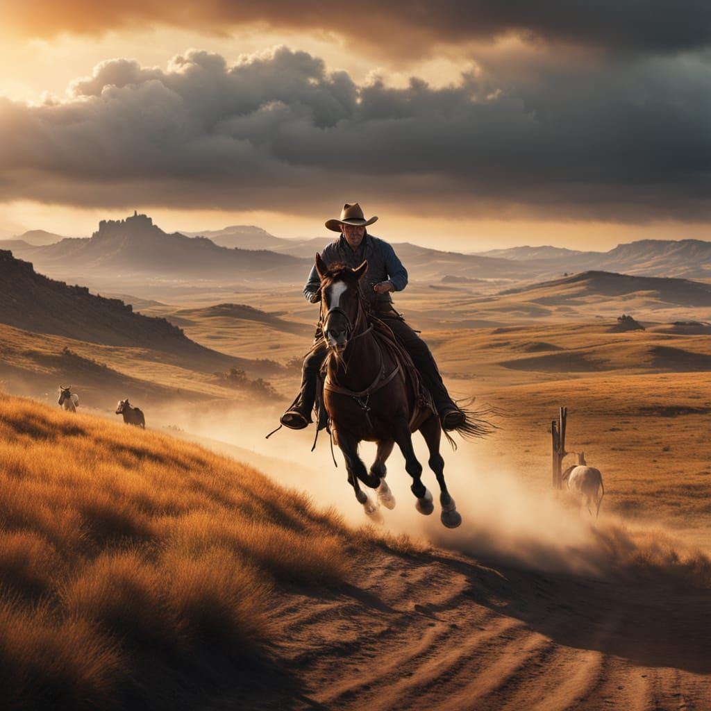 Cowboy Chasing Cow in Golden Hour Matte Painting