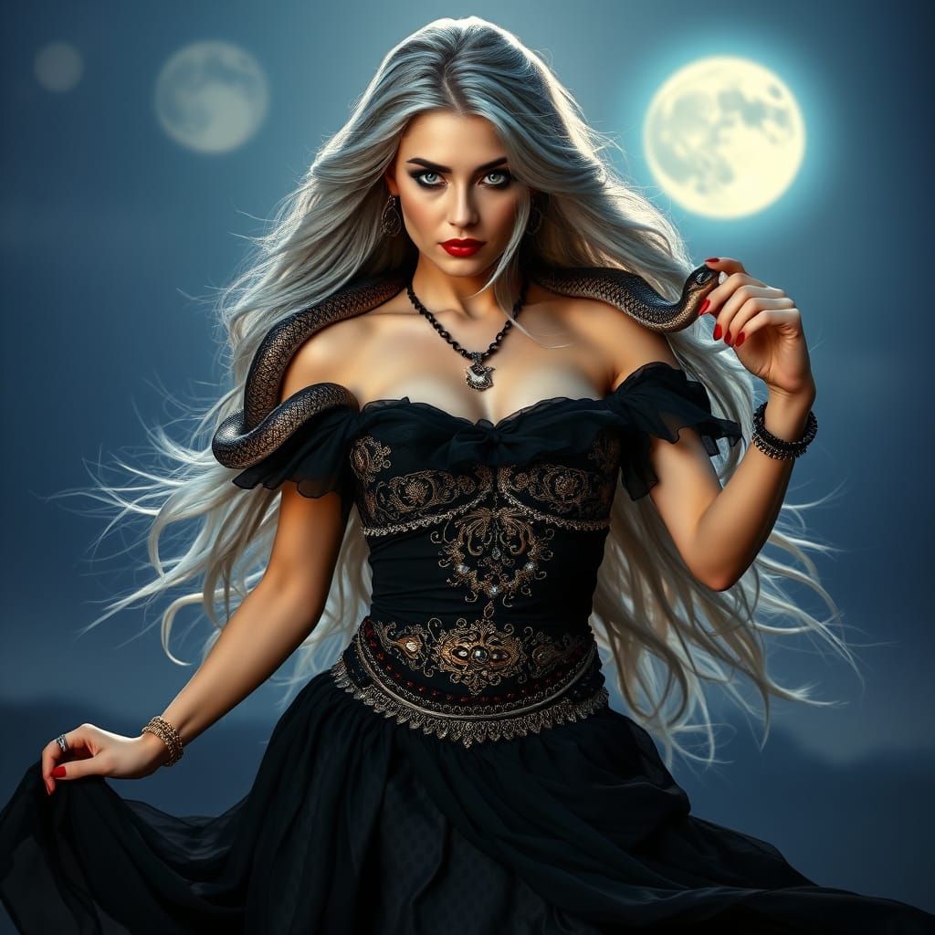 Stunning Belly Dancer with Snake Under Moonlight