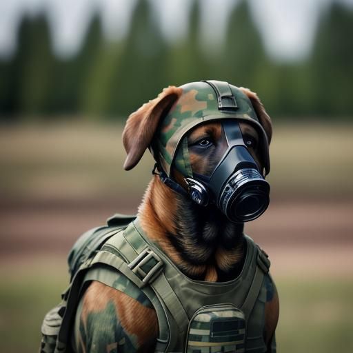 A war dog wearing a gas mask during a chemical warfare simulation.