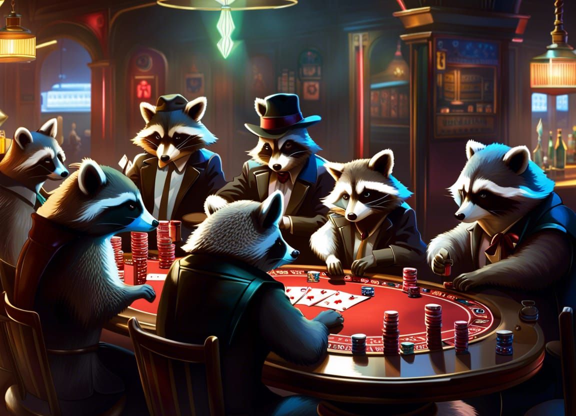 Raccoon Mafia Poker Game: Anime-Inspired Bar Scene