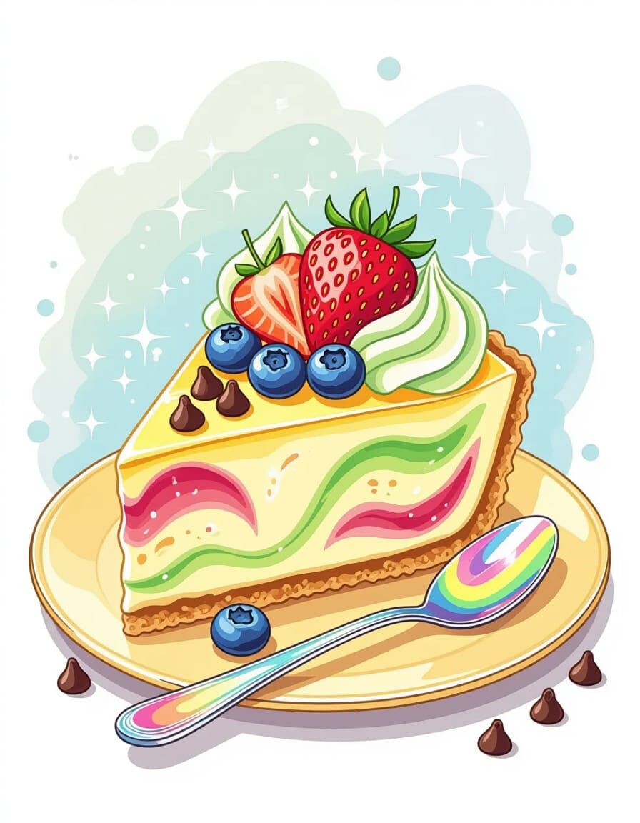 Colorful Tie-Dyed Cheesecake with Matcha Cream, Folk Art Sty...