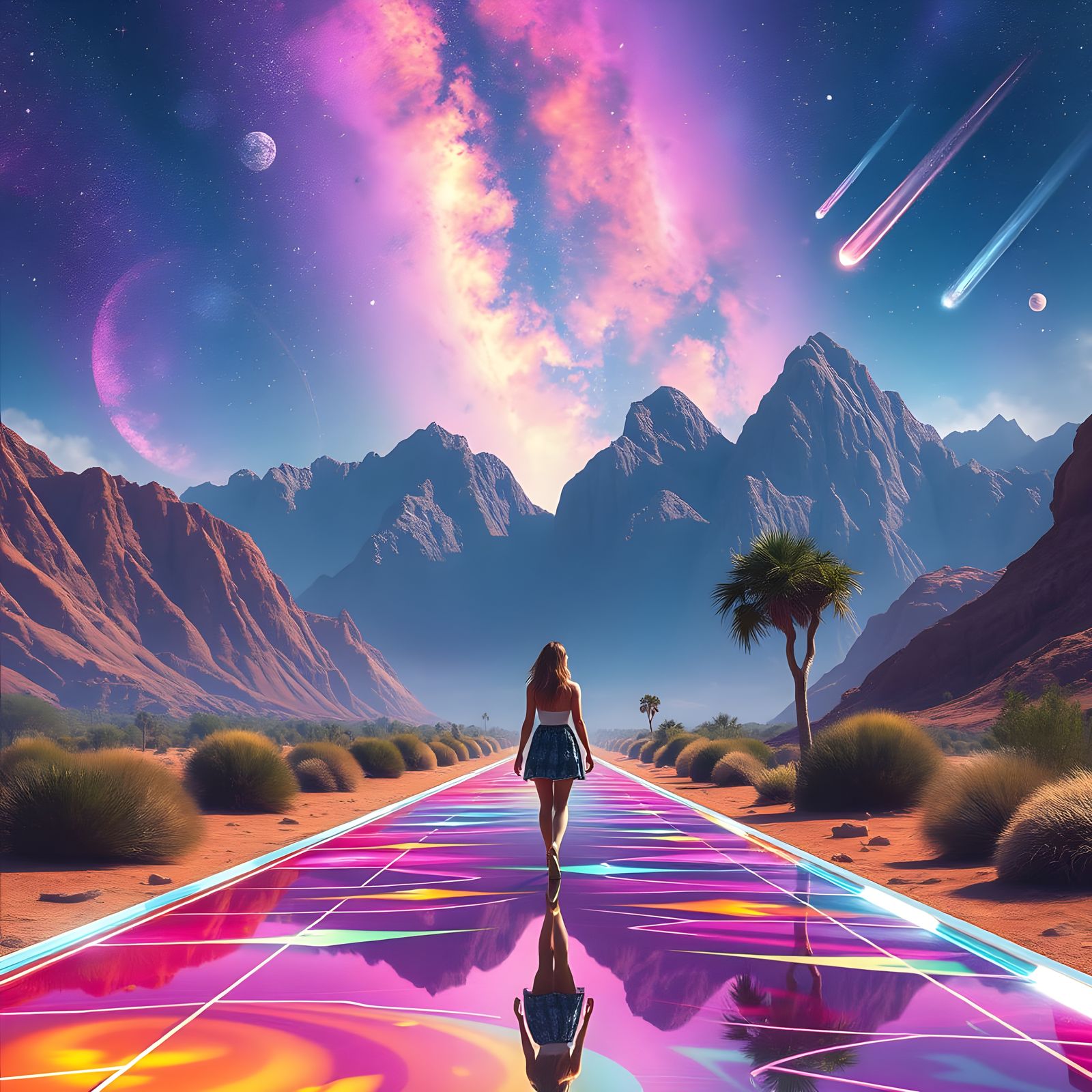 Futuristic Desert Rainforest with Rainbows and Portals