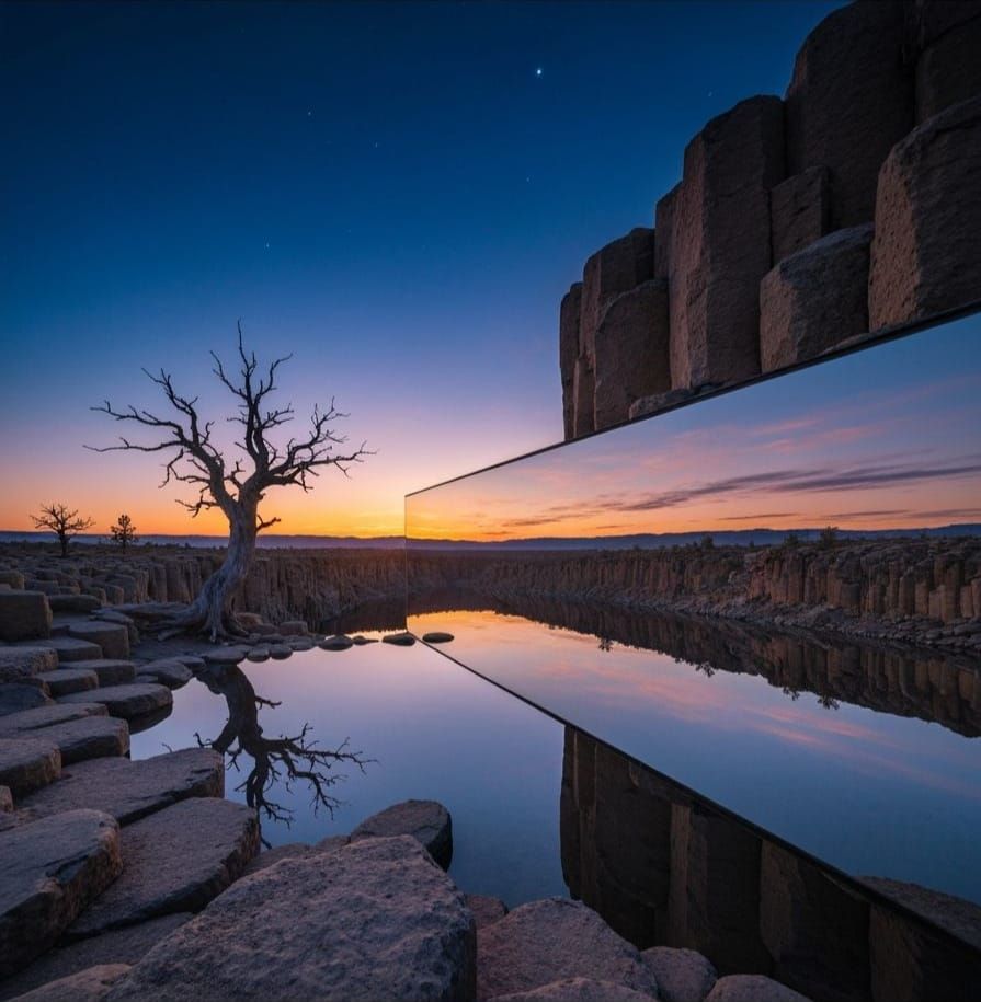Surreal Mirror Between Basalt Spires Under Aurora Sky