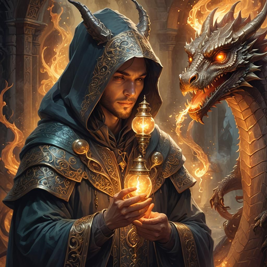 Fantasy Portrait: Hooded Figure and Dragon with Potion