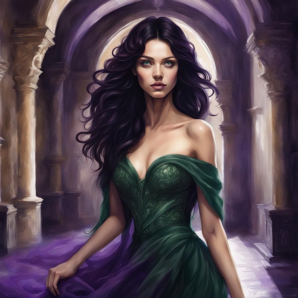 Goddess in Purple Gown in Castle Hallway
