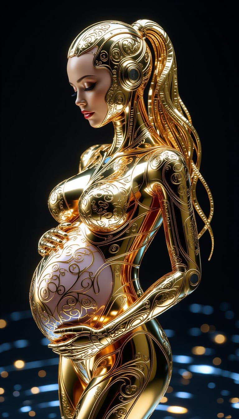 Pregnant Cyborg of Gold Metal and Luminescent Liquid