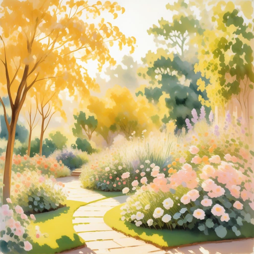 Golden Garden Scene in Impressionist Style