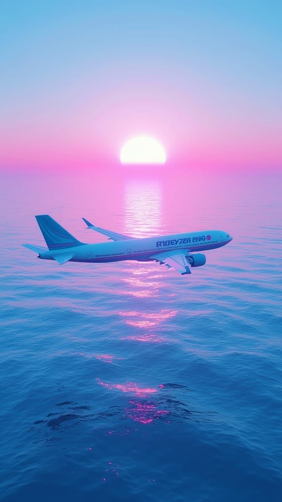 Passenger Airplane Over Ocean in Synthwave Style