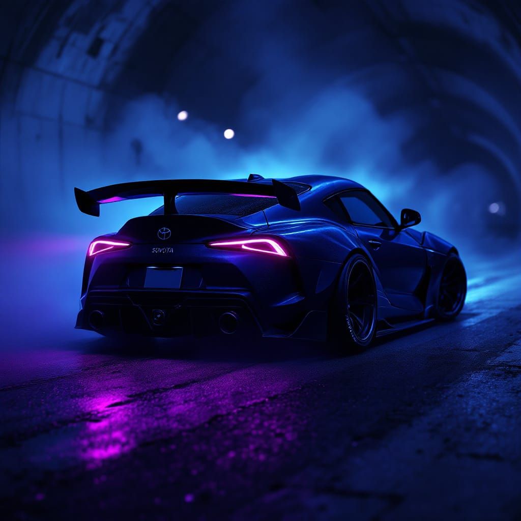 Purple LED Toyota Supra in Dark Tunnel, Hyperrealistic Style