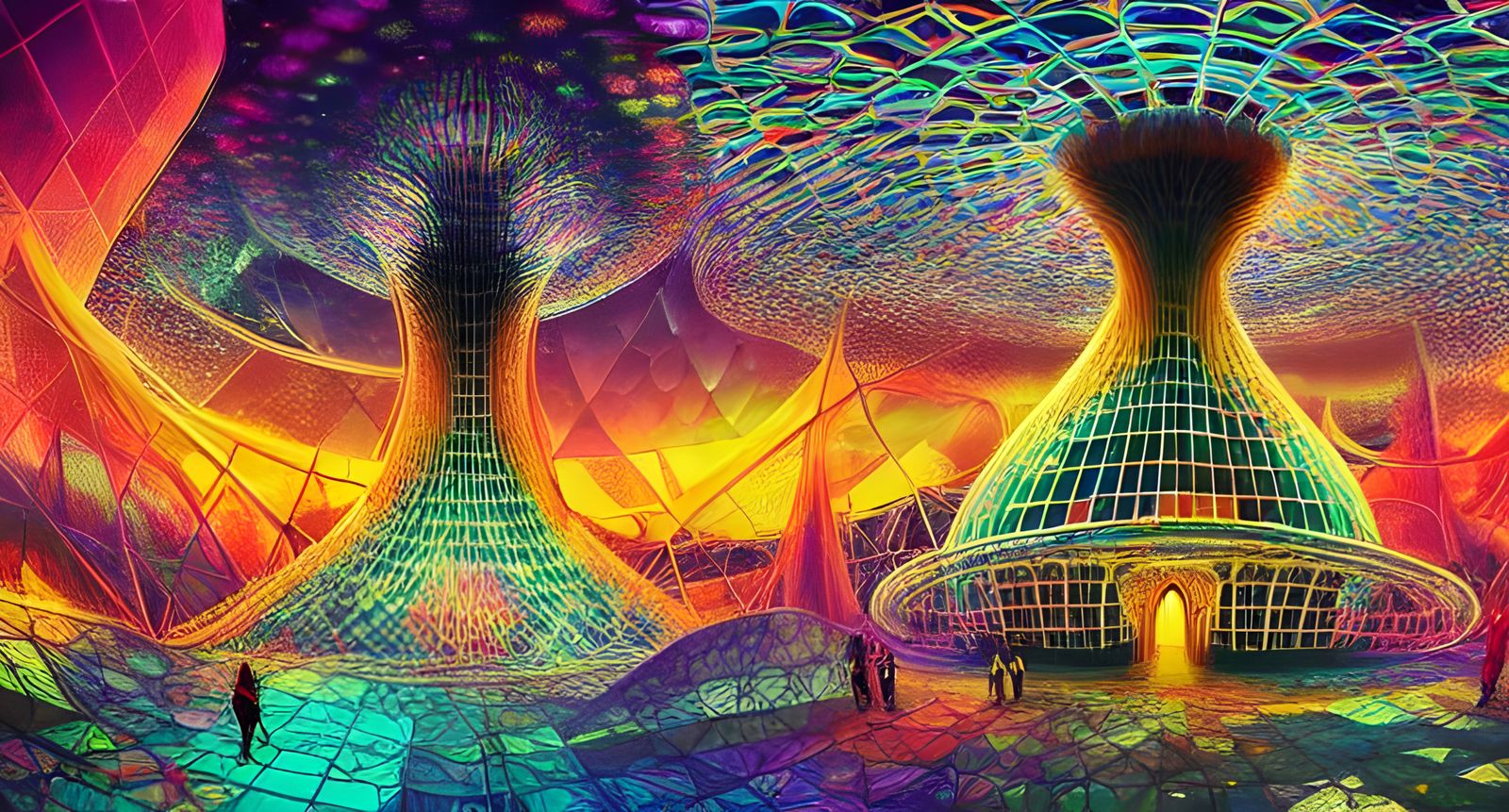 Psychedelic Synthwave Temple in Groovy Neon Vista