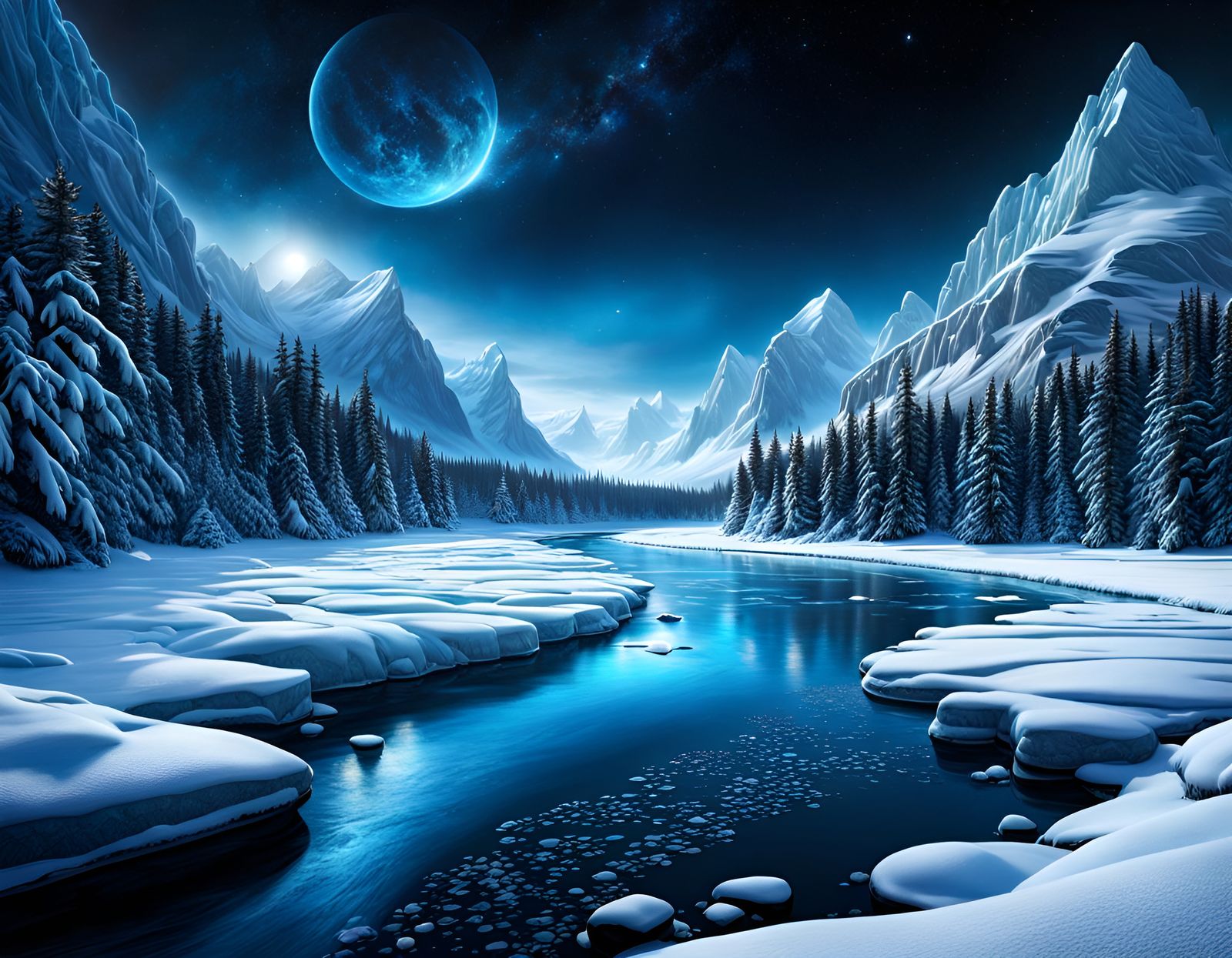 Frozen River Under Cosmic Sky: Hyperrealistic Painting