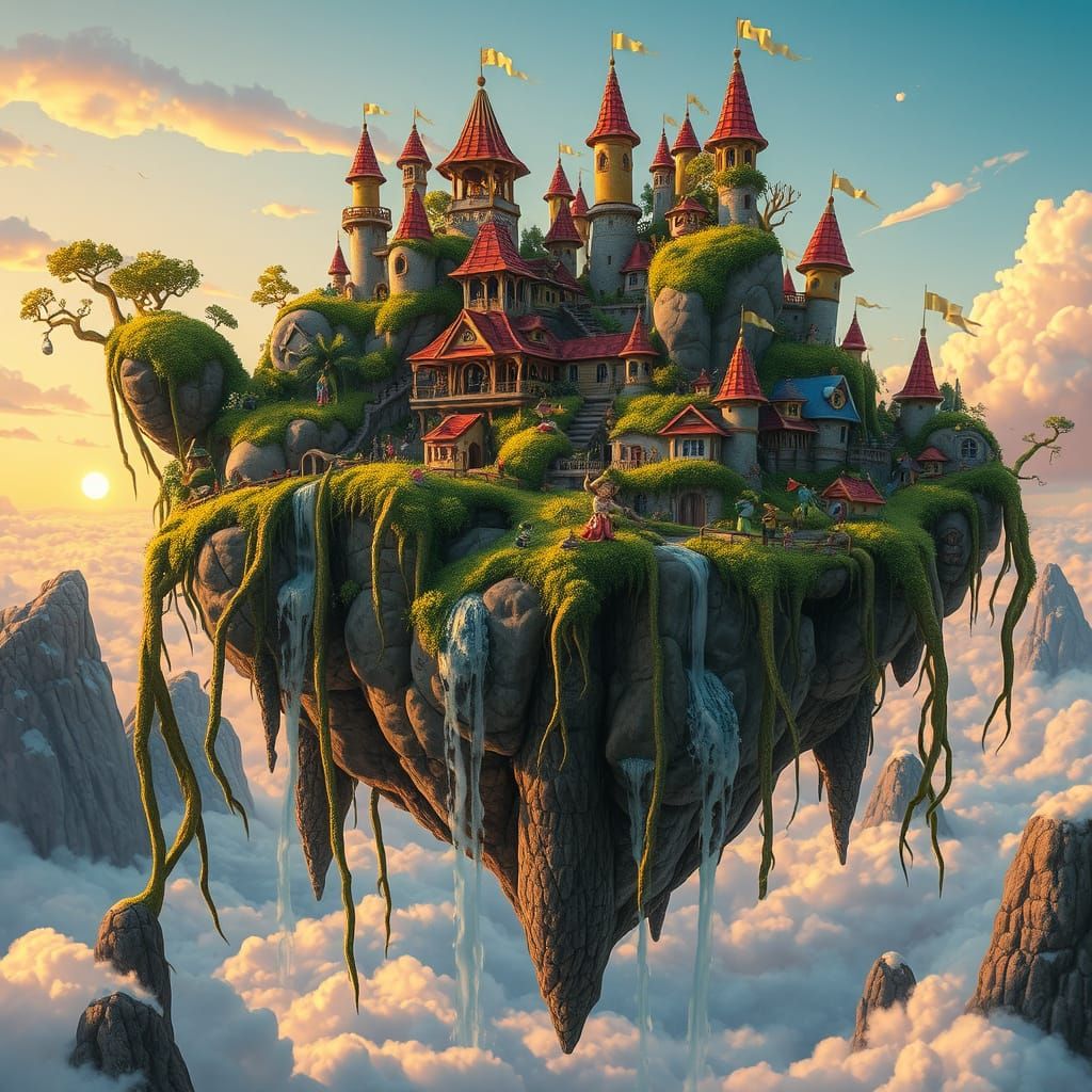 Whimsical Floating City on Mossy Rocks at Sunset