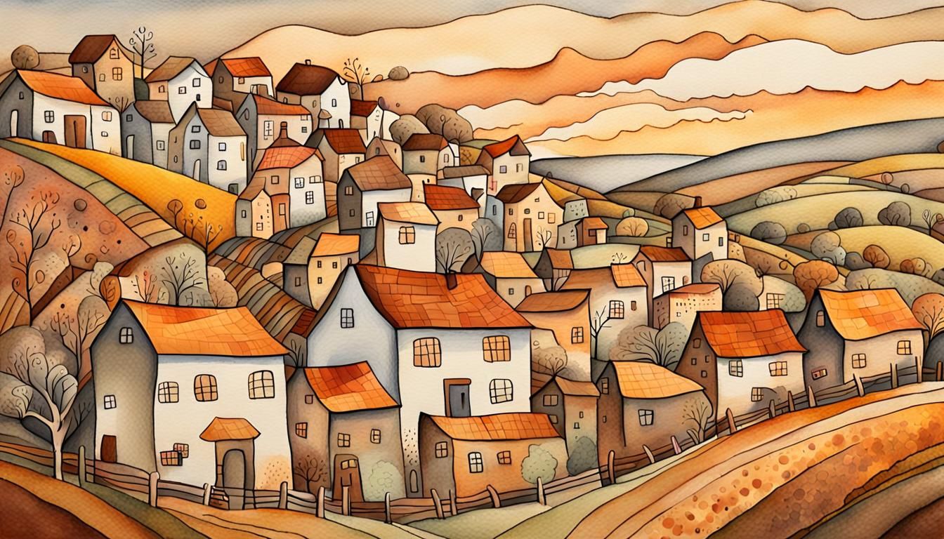 Village at Sunset in Wanda Gág Style