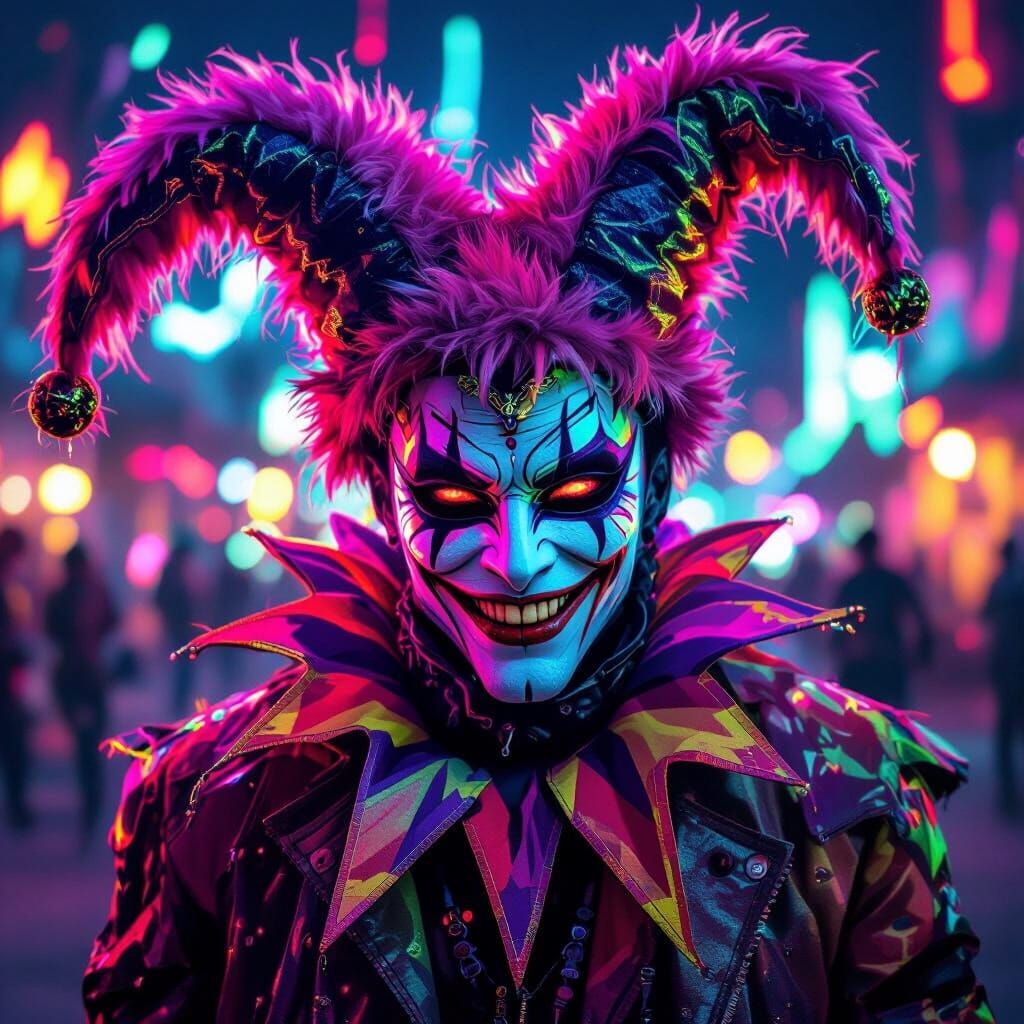 Neon Burning Man Vampire Jester in Techno Rave Style