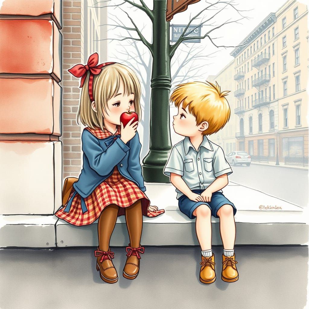 Girl and Boy with Apple, Watercolor Illustration