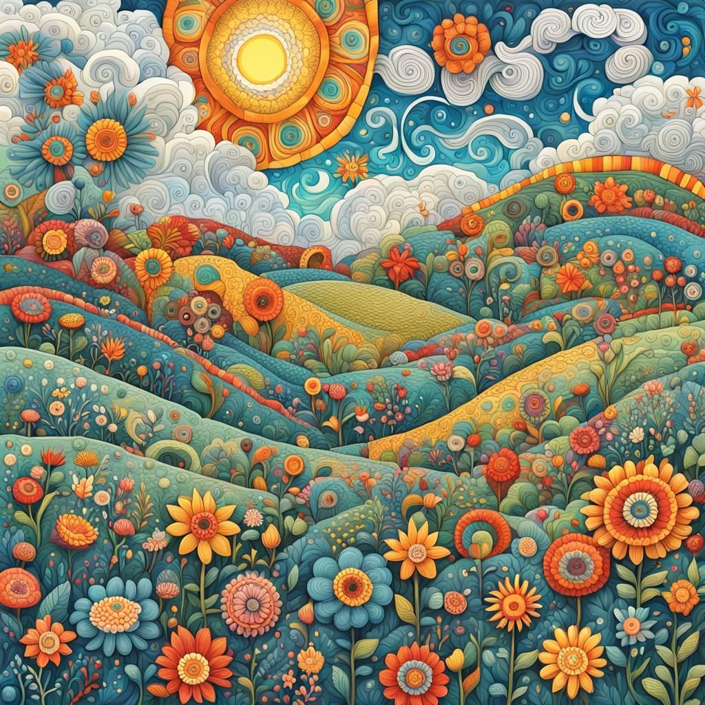 Floral Field in Folk Art Style Illustration