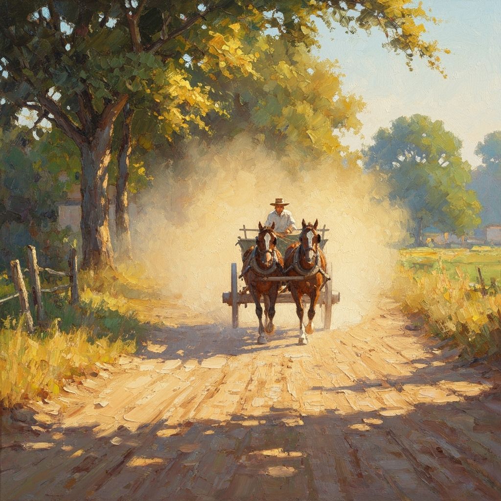 Impressionist Oil Painting of Horse Cart on Dusty Road