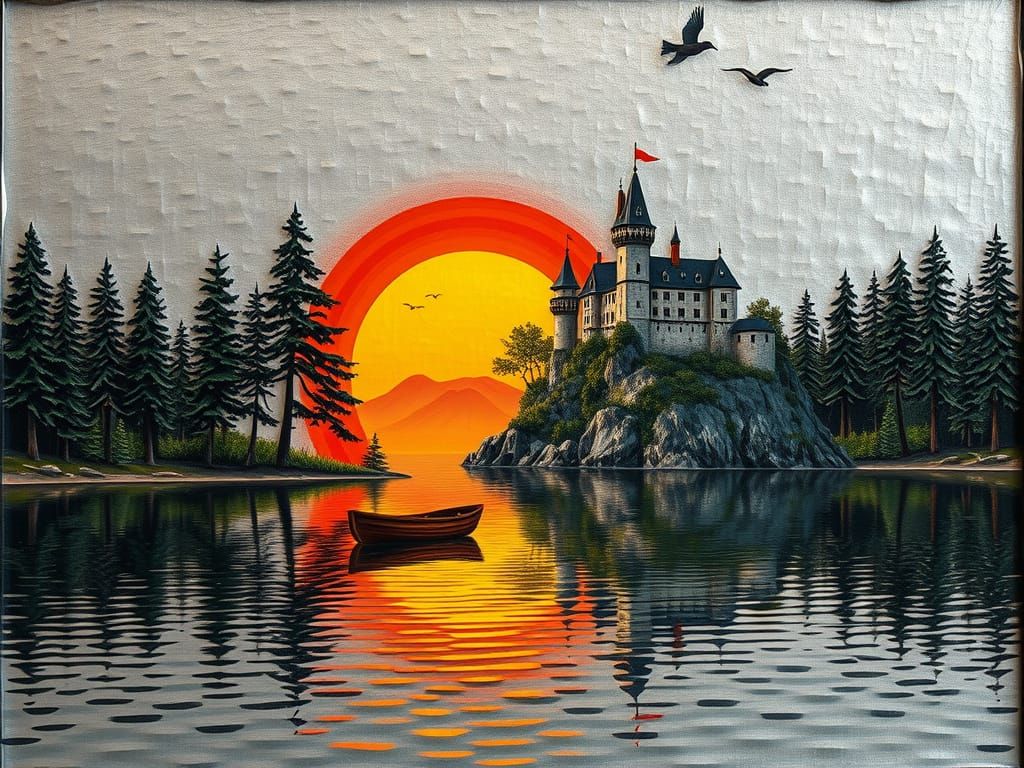 Textured Metal Forest Lake Castle at Sunrise Relief